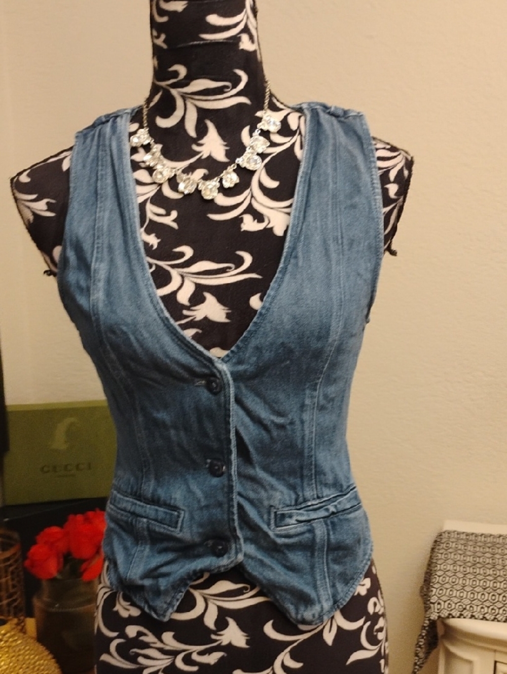 Washed Blue Denim Button Vest